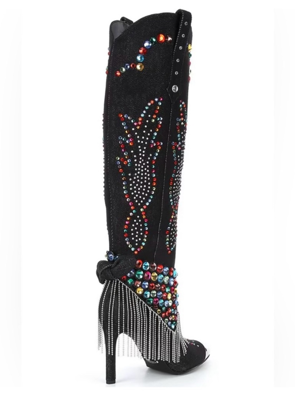 Gianni Bini Kaitrin Black Denim Rhinestone Embellished Fringe Heel Boots $229 - Picture 5 of 7